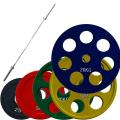 Штанга олимпийская с обрезиненными цветными дисками ЕВРО-РОМАШКА 200 кг, диаметр 50 мм, гриф 220 мм